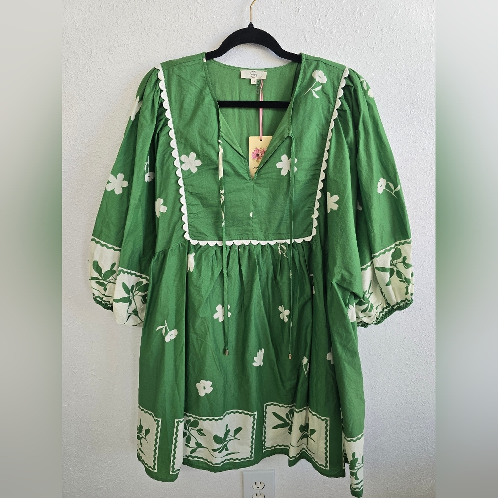 Entro NWT Glorious Green Babydoll Dress Stamped Floral Spring Mini Sz 1X - Picture 5 of 10